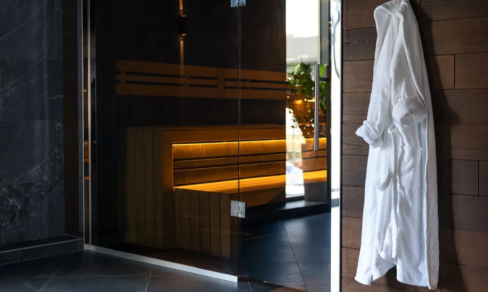 Wood panels, a glass door and a warm bench glow while the robe suggests a ready ritual. A modern spa interior for wellness content and everyday calm.